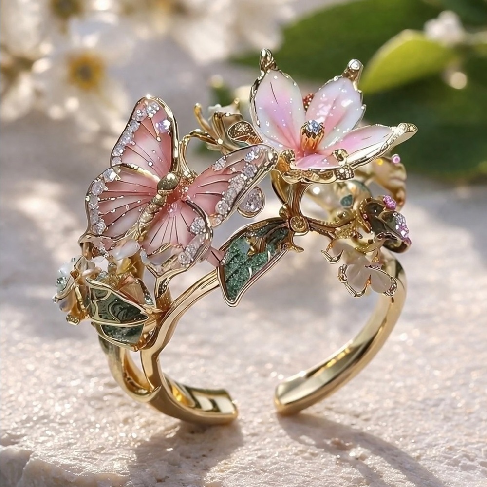 Aesthetic Butterfly & Floral Gold Ring | Romantic Statement Piece